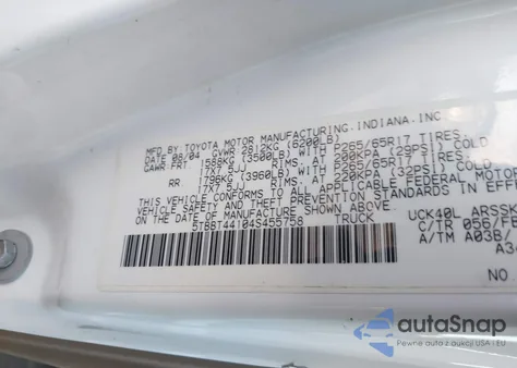 2004 Toyota Tundra Sr5 V8 from USA, damaged, VIN 5TBBT44104S455758